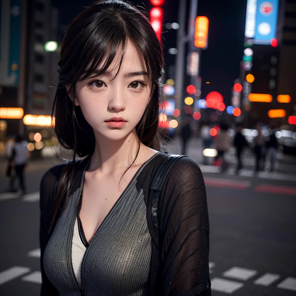 1girl, Tokyo street,night, cityscape,city lights, upper body,close-up, 8k, RAW photo, best quality, masterpiece,realistic, photo-realistic,