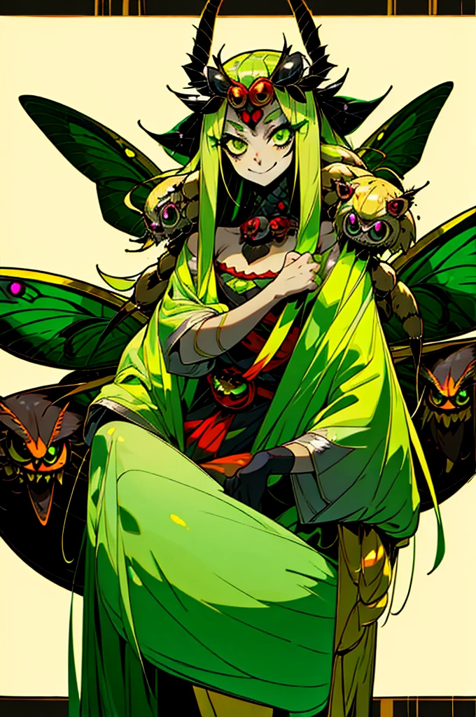 1girl, chibi spider girl, monster musume, 9 years old, hairy thin long spider legs, dragonfly wings, moth antenas on head, blonde long hair, yellow hair, green clothes, green eyes, flat chest, smiling innocently, hades style, hadesstyle, hades2style, hades 2 style