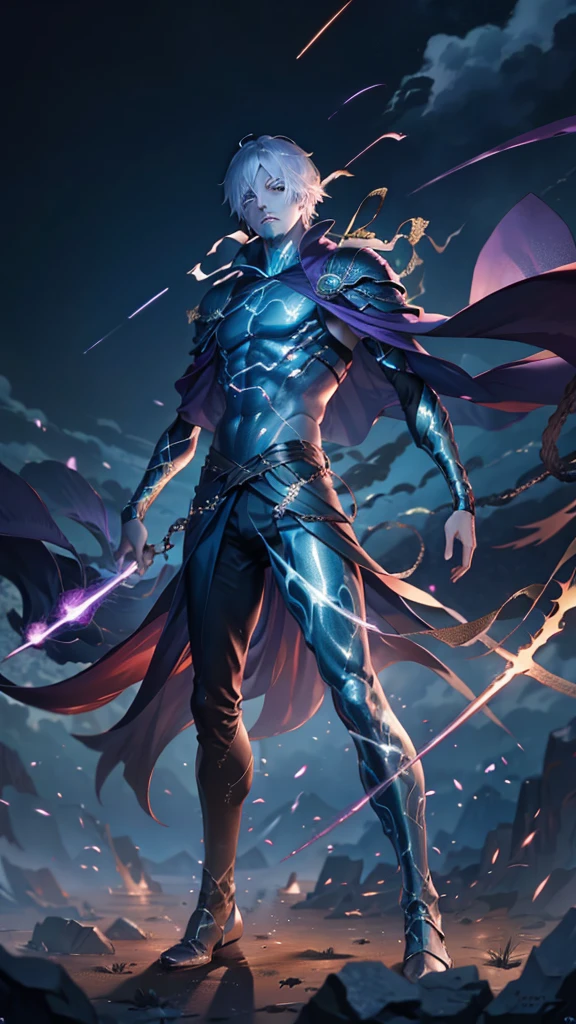 epic anime style, purple lightning, evil temperament, 20-year-old male shadow assassin, glowing black aura, shadow supervisor, handsome face, brilliant and majestic. Beautiful standard body and complete body structure. full body shot of a man with lightning in his hand, an epic anime about a purple energy man, in a battle stance with dark hair and glowing eyes looking at the viewer. Cool Gapmoe Yandere, menacing look, gintama's Hijikata Toushirou, inspired by Masanobu Okumura, the originator of the anime art style, Nobutaka Ike, the night war rages behind him. Highest image quality 8K, details everything 8K.