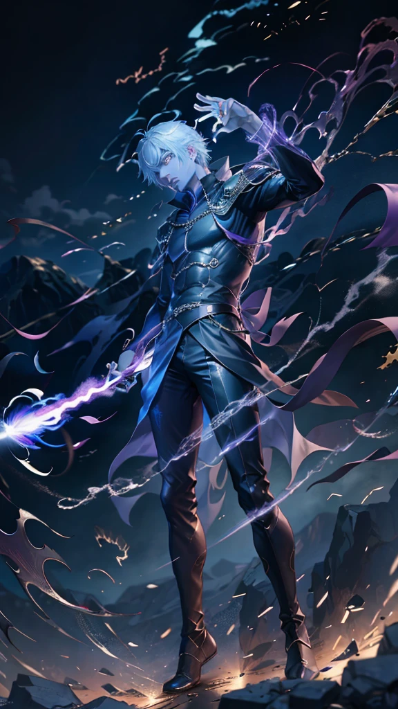 epic anime style, purple lightning, evil temperament, 20-year-old male shadow assassin, glowing black aura, shadow supervisor, handsome face, brilliant and majestic. Beautiful standard body and complete body structure. full body shot of a man with lightning in his hand, an epic anime about a purple energy man, in a battle stance with dark hair and glowing eyes looking at the viewer. Cool Gapmoe Yandere, menacing look, gintama's Hijikata Toushirou, inspired by Masanobu Okumura, the originator of the anime art style, Nobutaka Ike, the night war rages behind him. Highest image quality 8K, details everything 8K.