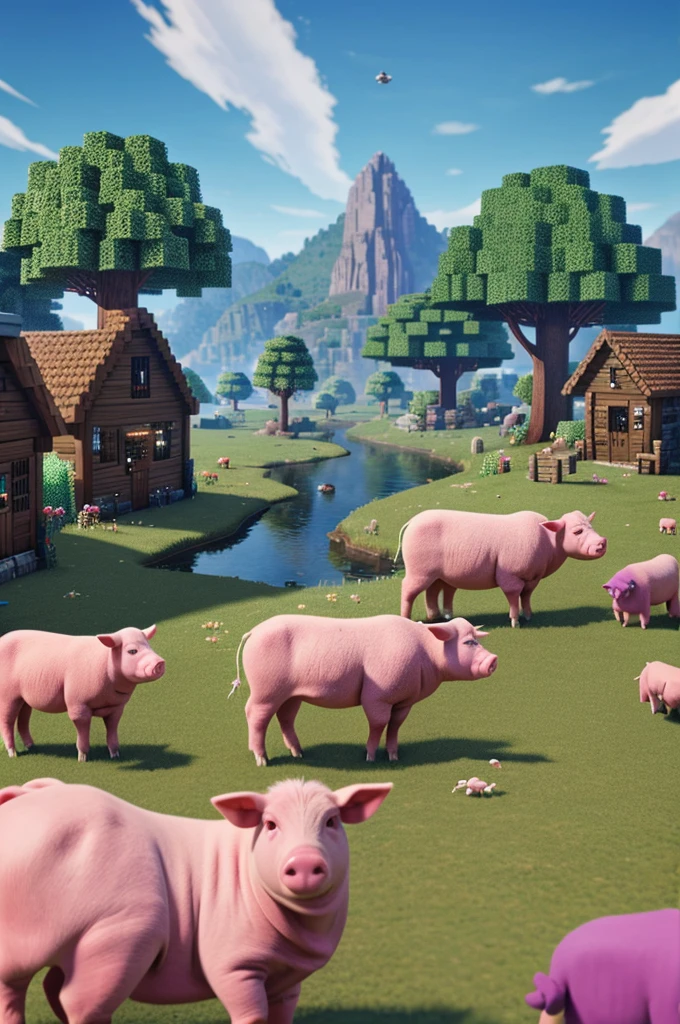 Gernate a mincraft background with pig and sheeps and dimonds