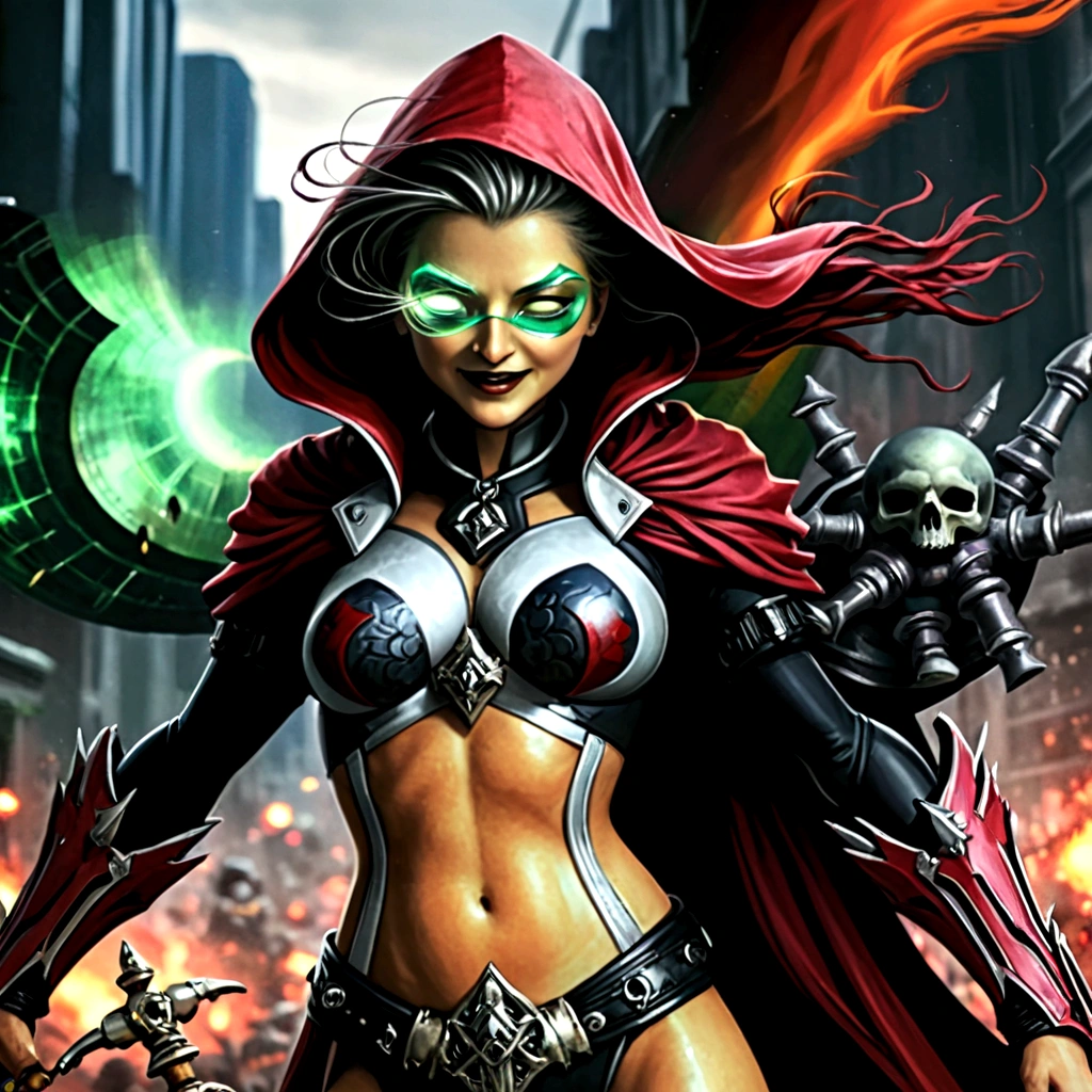 nix dark spawn woman very strong, black hair, 8k ultra high quality, masterpiece, ultra detailed, dark city around, rays cosmic around