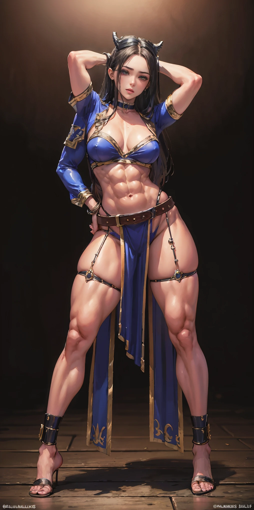 full body toe to head, masterpiece, 1soloMILF BIMBO standing loincloth pose, leather collar choker neck bell shackles wristbands bracers bracelets sleeves and stockings, strong body, abs, shiny skin (masterpiece, best quality) 1girlsolo wearing 40K Warhammer sisters of battle whsororitas wearing a big belt (Nylon Belt for Women) (plain background)