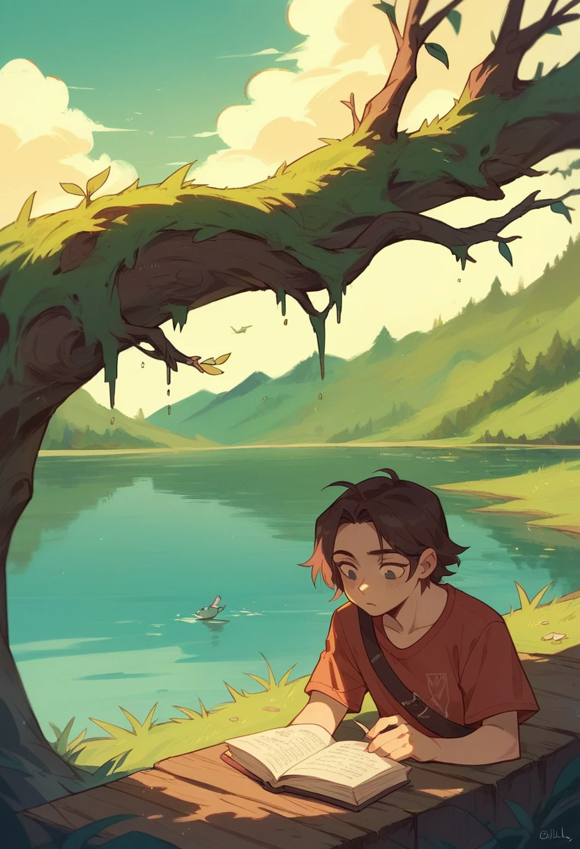 Girl reading a book by the lake, Bright colors, spring, Willow Branch, comfortable, Warm sunshine