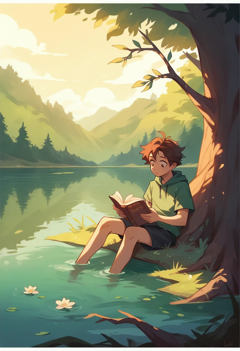Girl reading a book by the lake, Bright colors, spring, Willow Branch, comfortable, Warm sunshine