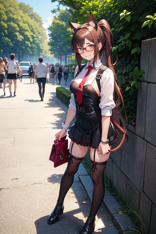 18 yeas old, girl, brown hair, ponytail, slim, big tits, narrow red eyes, cute, cat ears, glasses,
(embarrassed, blush:1.4), (ecstasy:1), (think:1.8), (grin:1.5), (sweat:0.9), police uniform, See-through, ribbon, fishnet, garter belt, frills, Kneesocks, long boots, rose, headdress,
handcuffs, wallet chain, frontal, standing, centet of attention, central park, many people