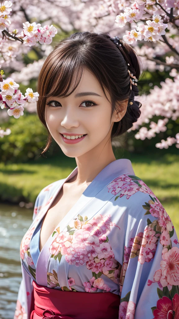 (Realistic:1.3), In detail, quality, Rembrandt Lighting, (masterpiece:1.2), (photoRealistic:1.2), (best quality), (Detailed skin:1.3), (Intricate details), dramatic, Ray Tracing, One girl, Japanese Girls, smile, Updo, 21 years old, Medium chest, (Colorful kimonos:1.2),(kimono:1.2),(Floral print),(Long sleeve), (Cherry tree, river, spring, sun, cloud, Walking, nature, forest),