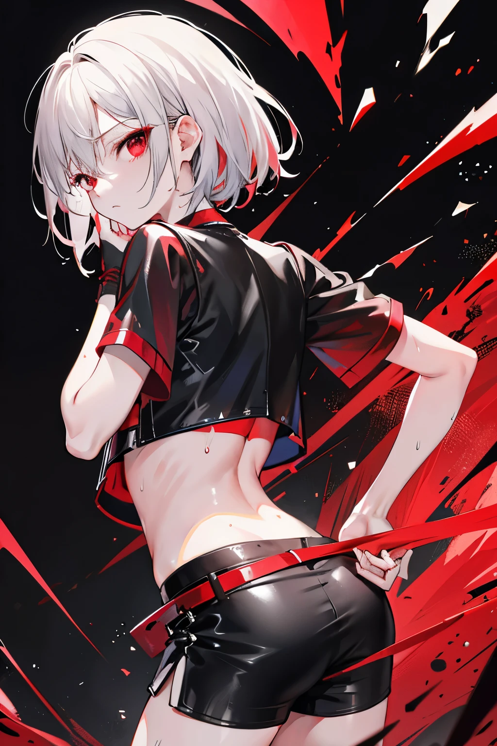 underdressing,indifferent,Red Eyes,Sweat,Soaked,liquid,transparent,Expression of disgust,Back,Cropped tops,Leather Shorts