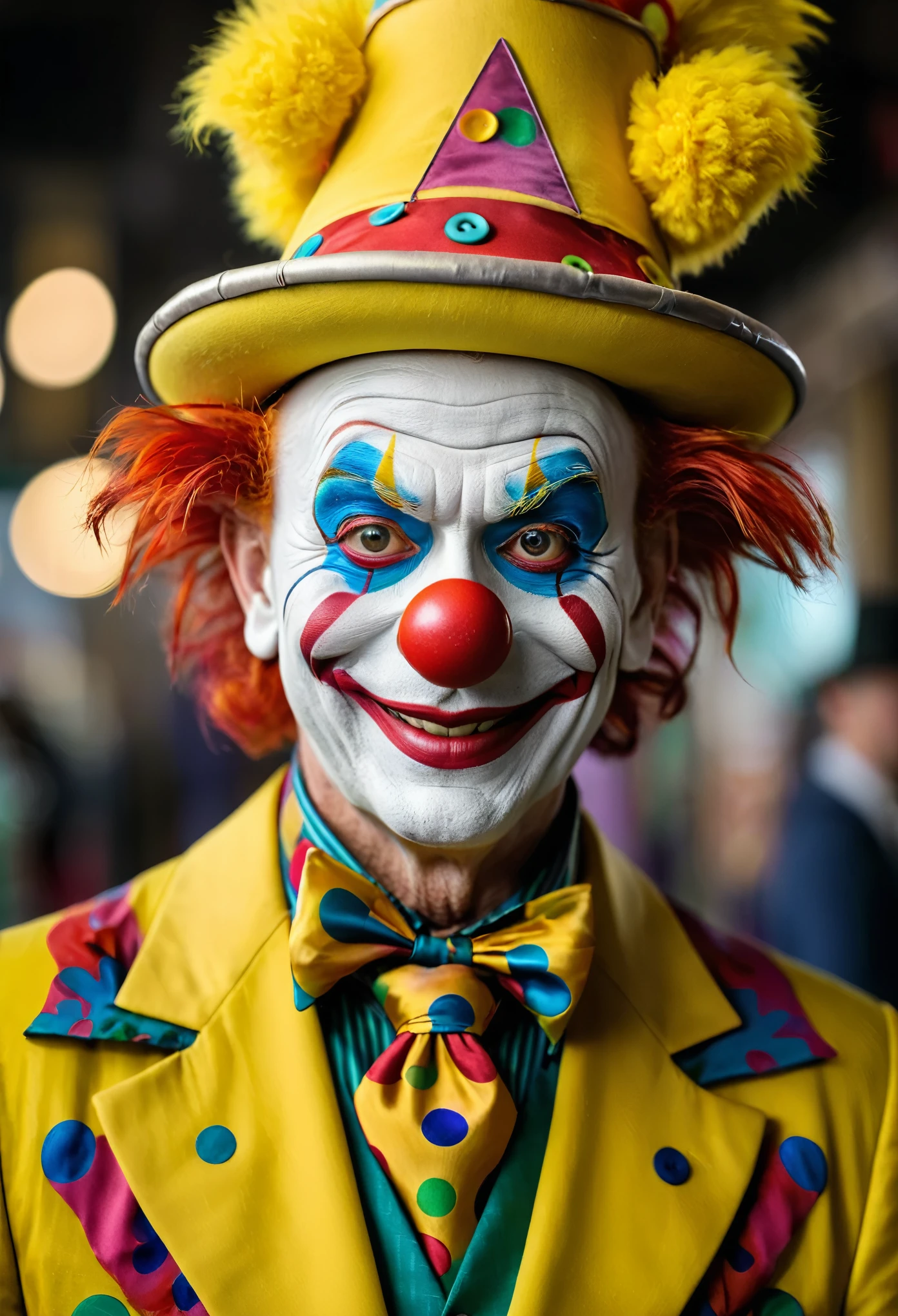 The image features a old rococo evil clown wearing a colorful hat and a suit with a yellow jacket. The clown is smiling and has a distinctive red nose, which is a characteristic of a traditional clown. The clown's outfit is adorned with various buttons, adding to the festive and playful appearance. The clown's face is painted with a mix of colors, further enhancing the vibrant and lively atmosphere, cinematic, movie still, captured in the style of Sony Alpha A7 III camera