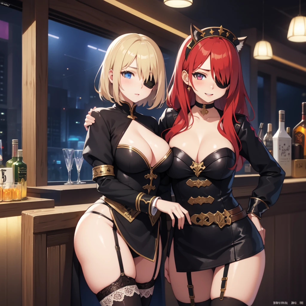 Highest quality、Ultra-high resolution、Fantasy、roleplaying game、Busty redhead barmaid with an eyepatch、In a cheap bar、garter belt