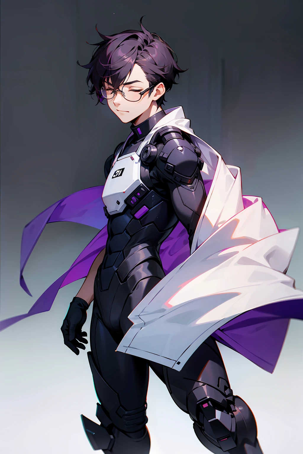 1male, Young Adult, Dark Violet Hair, Eyes Closed, Short Hair, Dojo Background, Slight Smile, Glasses, Standing In City, Detailed background, Black and White Combat Suit