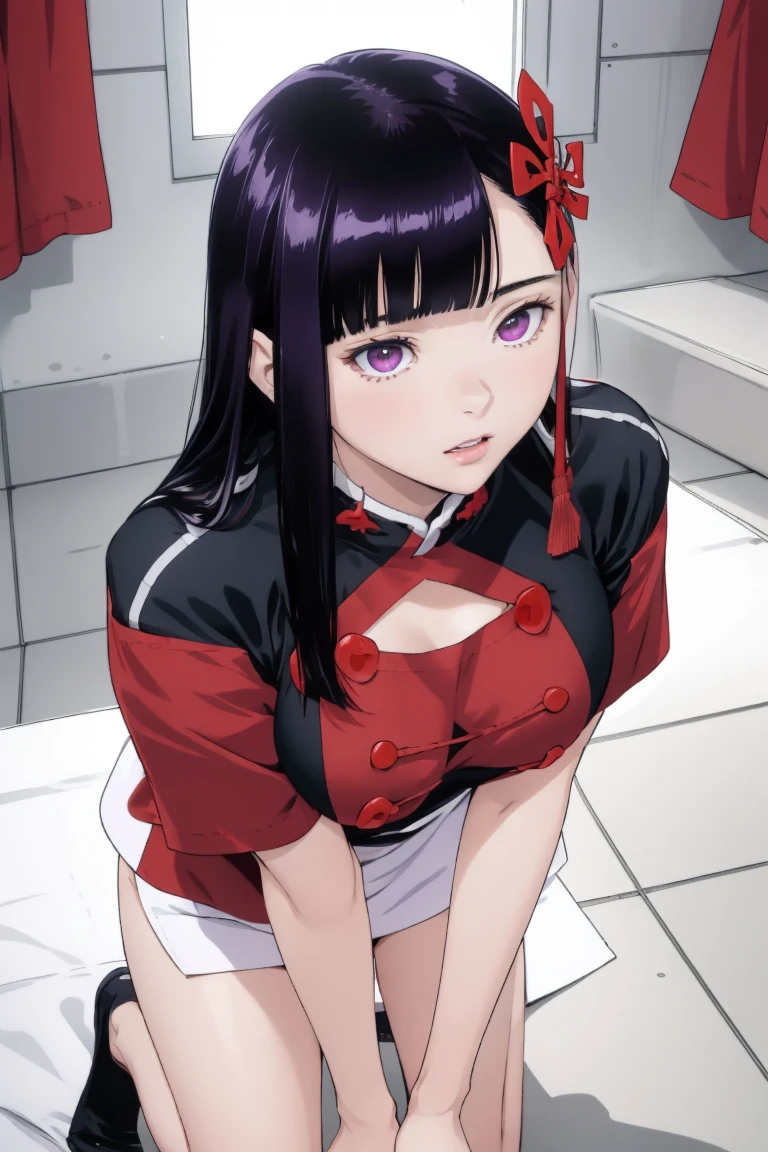 ((best quality)), ((masterpiece)), (detailed), (high resolution), perfect face, 1 Women, (violet slit eyes:1.3), (long black hair), Straight across bangs, (grown-up face:1.4), parted lips, A little big breasts, (naked), (holding towel), (towel on leg), lower body, (leaning forward:1.3), (molest), Stimulating, (Embarrassed face), (orgasm:1.2), (anime coloring:1.1), Stimulating, (Yamashiro Ren), Mato Seihei no Slave, looking at viewer, a red hair ribbon, 2d, illustration,