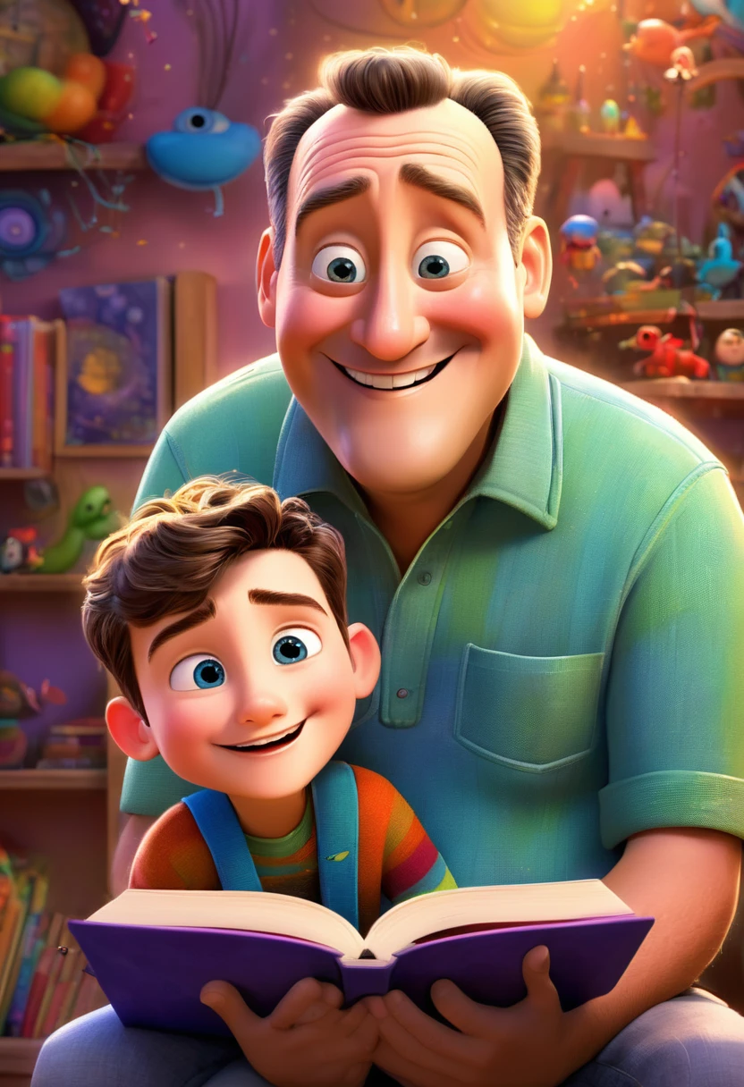 (wide amgle:1.3),(bright and vibrant colors), (highres), (realistic:1.37), Disney Pixar Movie poster, (art by Kevin James), skinny, no muscle, (55 years old man and his son),father and son, (beautiful detailed eyes:1.1), (beautiful detailed lips:1.1), (smiling with a warm expression:1.5), (charming appearance:1.1), (professional lighting), (ultra-fine rendering), upper body shot, (expressive facial features:1.1), reading a book to the son, (reading intently:1.1), surrounded by magical elements representing different Pixar movies, (dynamic composition), (whimsical details), (playful characters), vibrant background, filled with color and joy, (3D render), (fantastical art style), (nostalgic aesthetic), (attention to detail:1.1).
