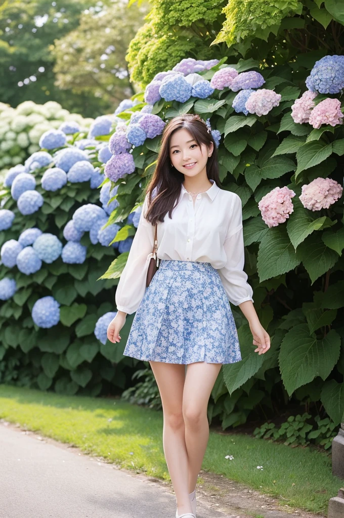 A cute 20-year-old girl in a park with hydrangeas in bloom（mini skirt）