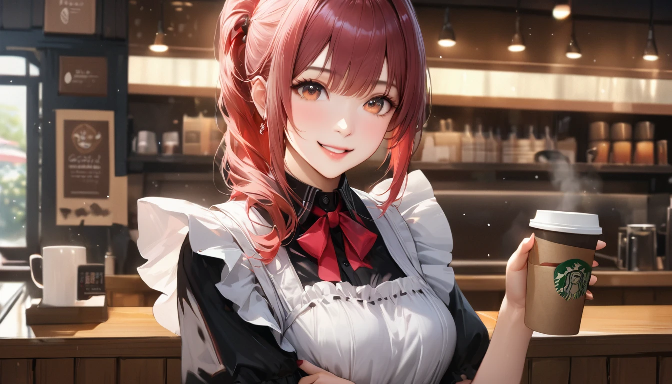 Coffee shop, Maid clothes,Carrying coffee,Blur the background,High school girls,ponytail,smile,Glitter effect,Highest quality, 4K, 8k, High resolution, masterpiece:1.2, Very detailed, Realistic:1.37, High resolution, 超High resolution, Ultra-fine painting, Sharp focus, Physically Based Rendering, Very detailedな説明, Professional, Vibrant colors