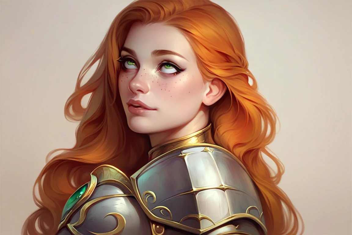 (The same character,front,side,back),Simple background,(whole body)girl,Orange hair,Self-made roll,Long hair,Green Eyes,Freckles on the face,Armor,