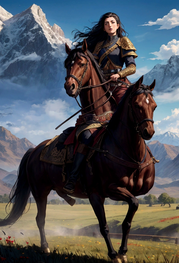 There are many people riding horses in a field with mountains in the background, Invading army background, Background of the invading forces, cavalry charge, photo of Goguryo, Writer: Kerembeyit, 4 k detail fantasy, heavy cavalry, Highly detailed digital art in 4K, 4K detailed digital art, cavalry, The return of the king. cinematic, Goguryo