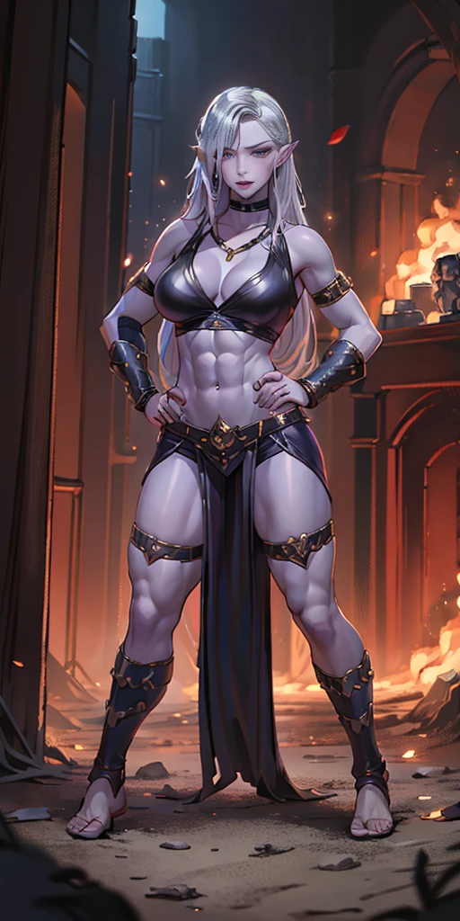 full body toe to head, masterpiece, 1soloMILF BIMBO standing loincloth pose hands on hips, leather collar choker neck bell shackles wristbands bracers bracelets sleeves and stockings, strong body, abs, shiny skin (masterpiece, best quality) 1girlsolo wearing 40K Warhammer sisters of battle sororities (plain background) (drow female purple gray skin)