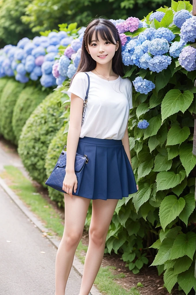 A cute 20-year-old girl in a park with hydrangeas in bloom（mini skirt）