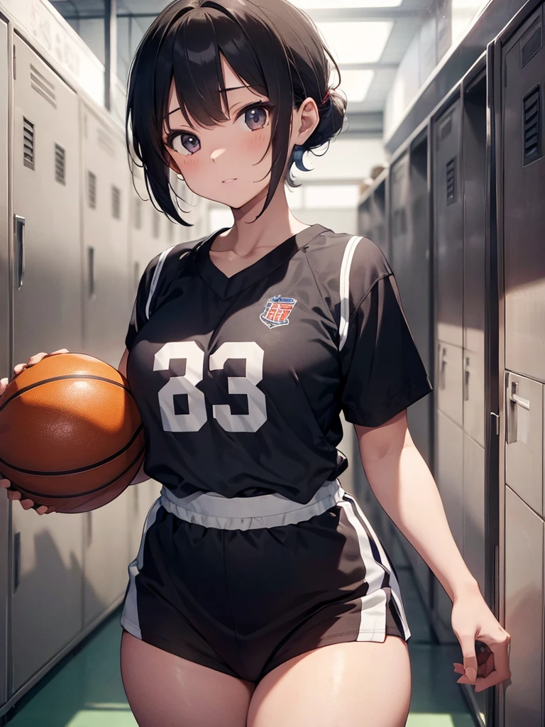 Masterpiece, 8k quality, hyper detailed, one girl, (short hair tied up), light hair, small breast, thick thighs, (basketball jersey), locker room, (seductive look