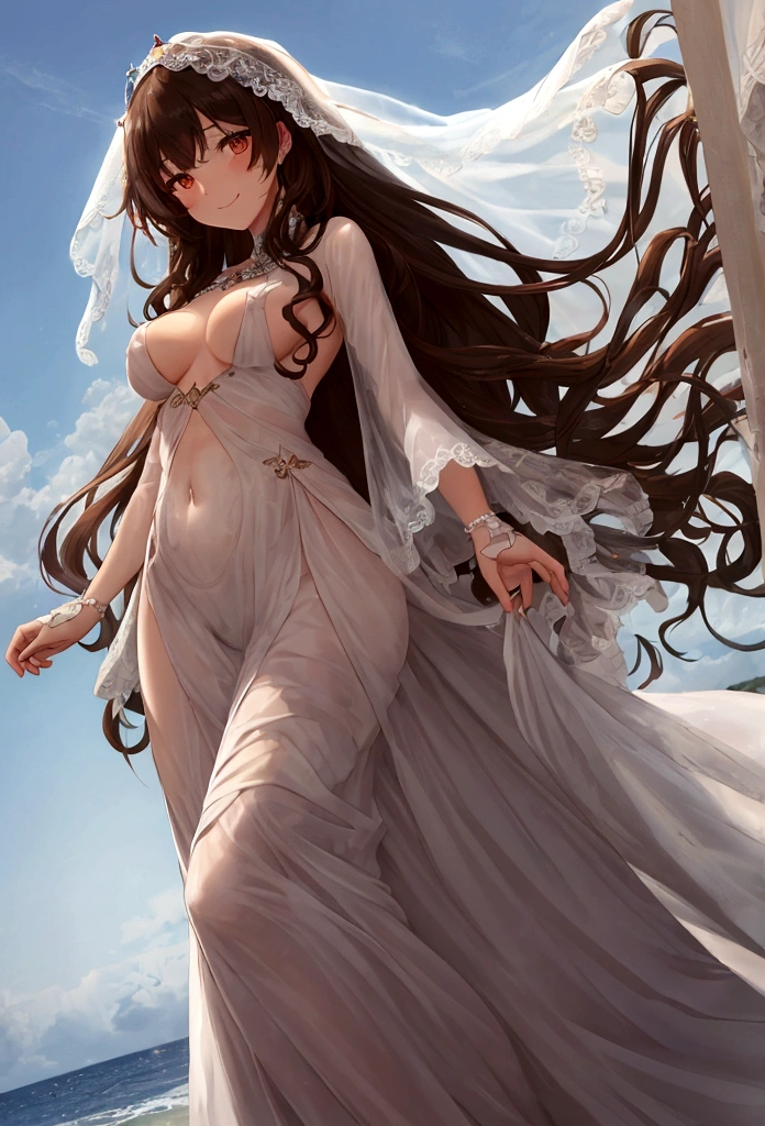 best quality,detailed beautiful skin,1 girl,long curly hair,bangs,brown hair,smile,medium ,bust up shot,face to face,full body,from below,Hair blowing in the wind,nude,weg veil,