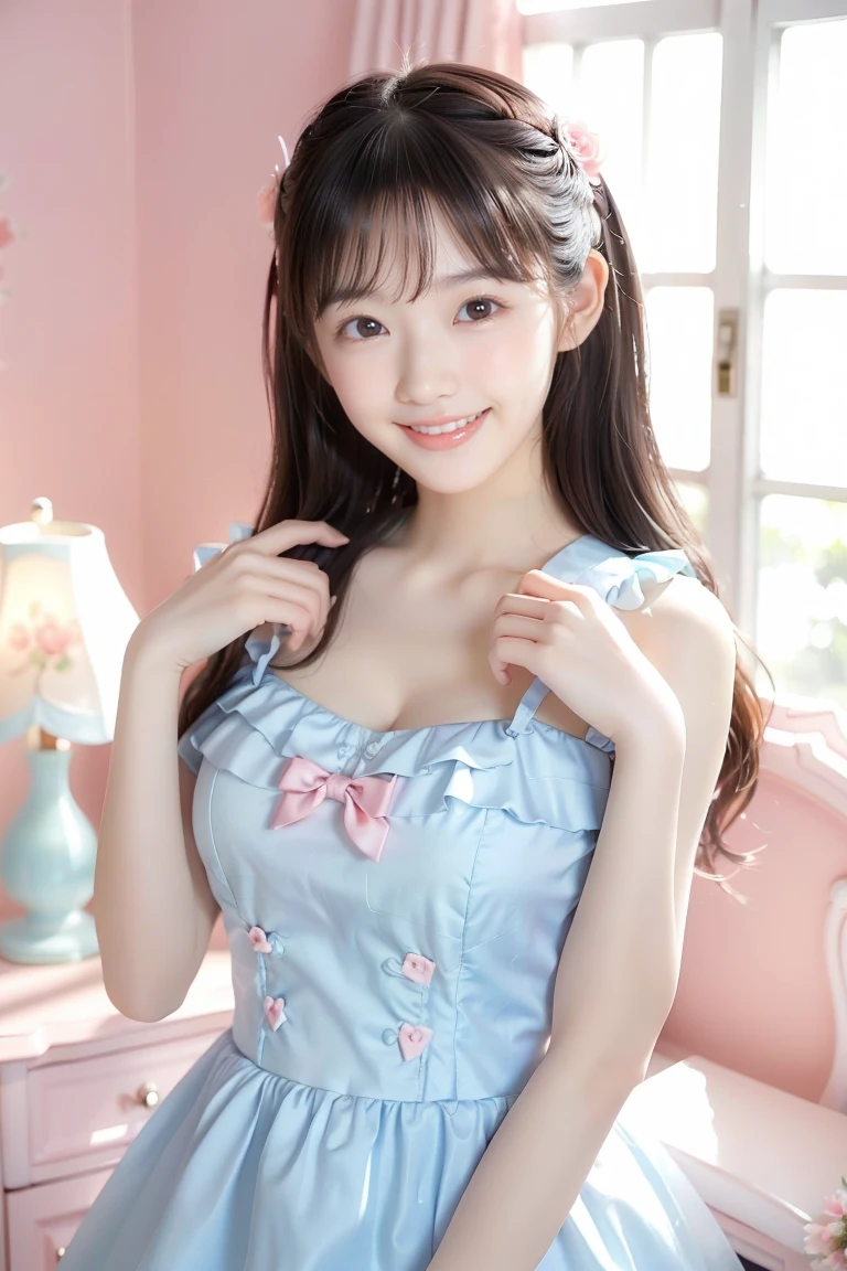 (Highest quality、masterpiece、8k、Best image quality、Hyperrealism、Award-winning works)、One Lolita girl、(alone:1.1)、(1 photo:1.1)、(Close-up of face:1.1)、(Cute and girly light pink ruffled open chest lolita dress:1.2)、Girly lace decoration、Cute frilly decoration、Cute wavy hair、(The perfect girly hairstyle:1.1)、(A perfect big bow on your head:1.1)、Cute and perfect headband(Low length:1.1)、(height: 140cm:1.1)、(Huge breasts that are too big:1.1)、(Huge cleavage:1.1)、(Cute heart symbol:1.1)、Lots of cute frills、Accentuate your body lines、Slender body、(Intricate Lolita room background with lots of pastel colored furniture:1.1)、(Light blue and light pink lolita dream room:1.1)、(Lots of cute pastel-colored furniture:1.2)、(A cute light blue chest of drawers:1.2)、(Cute light blue desk:1.2)、(Cute light pink dressing table:1.3)、(Lots of cute furniture, Perfectly organized:1.1)、(Cute girly curtains in pastel colors:1.1)、(very bright and vivid:1.1)、(Beautiful walls with cute decorations in pastel colors:1.1)、Blurred Background、Standing gracefully in the center of the room、(Accurate anatomy:1.1)、Perfect Makeup、Long eyelashes、Glossy Lips、Ultra HD glossy skin、(Ultra-high resolution, bright and beautiful skin:1.2)、超高精細のGlossy Lips、Ultra-high resolution beautiful teeth、(Voluptuous body:1.1)、Cute heart symbol、wide々Stylish Lolita Room、(Rose vase:1.1)、(Light pours in through the beautifully decorated windows.:1.1)