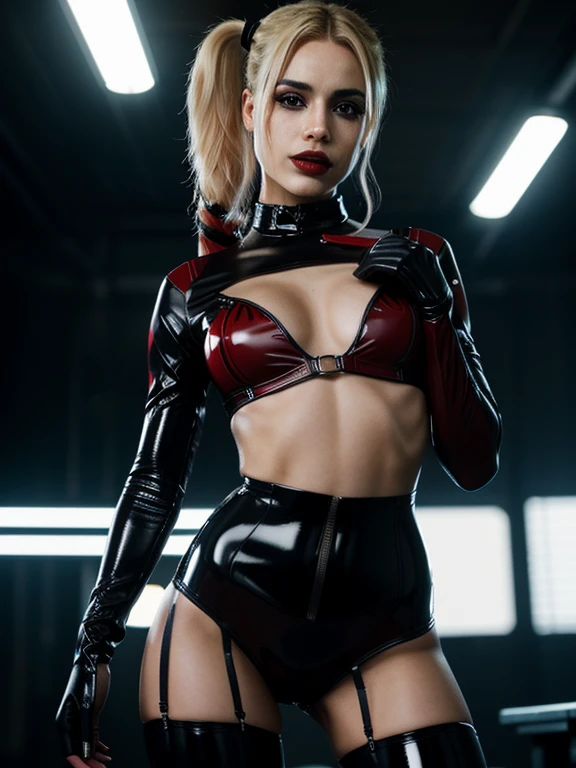 Harley Quinn dominatrix, erotic, realistic, close-up full body shot, detailed facial features, slender body, Hourglass body shape, intricate tattoos, glossy latex outfit, dark moody lighting, atmospheric background, dramatic poses, cinematic composition, high contrast, backlight lightning, vivid colors, (best quality,4k,8k,highres,masterpiece:1.2),ultra-detailed,(realistic,photorealistic,photo-realistic:1.37), 