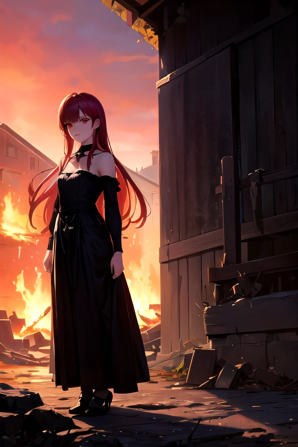 (masterpiece, best quality) an adult woman with very long red hair wearing Occidental dress, red eyes, sad, desparate, emotionless, red sky, black woods burning, gothic architecture ruins, fire burning in the sky, sun going down, small breast, medium breast, full body portrait, cinematic, oil painting color, cinematic lighting, extremely detailed, finely detailed face, beautiful face, beautiful eyes, perfect lighting, depth of field, realistic proportions, good anatomy,