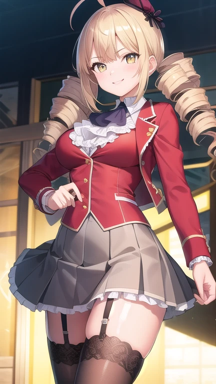 ((masterpiece)),(best quality),official art,extremely detailed CG,unity 8k wallpaper,ultra detailed,beautiful detailed eyes,extremely detailed face,street,1girl,solo,cowboy shot,looking at viewer,facing viewer,smile,reikadou ayame,red hat,mini hat,ahoge,long hair,blonde hair,twin drills,sidelocks,bangs,yellow eyes,red jacket,wing collar,ascot,white shirt,center frills,large breasts,grey skirt,pleated skirt,frilled skirt,garter straps,zettai ryouiki,white thighhighs,loafers,