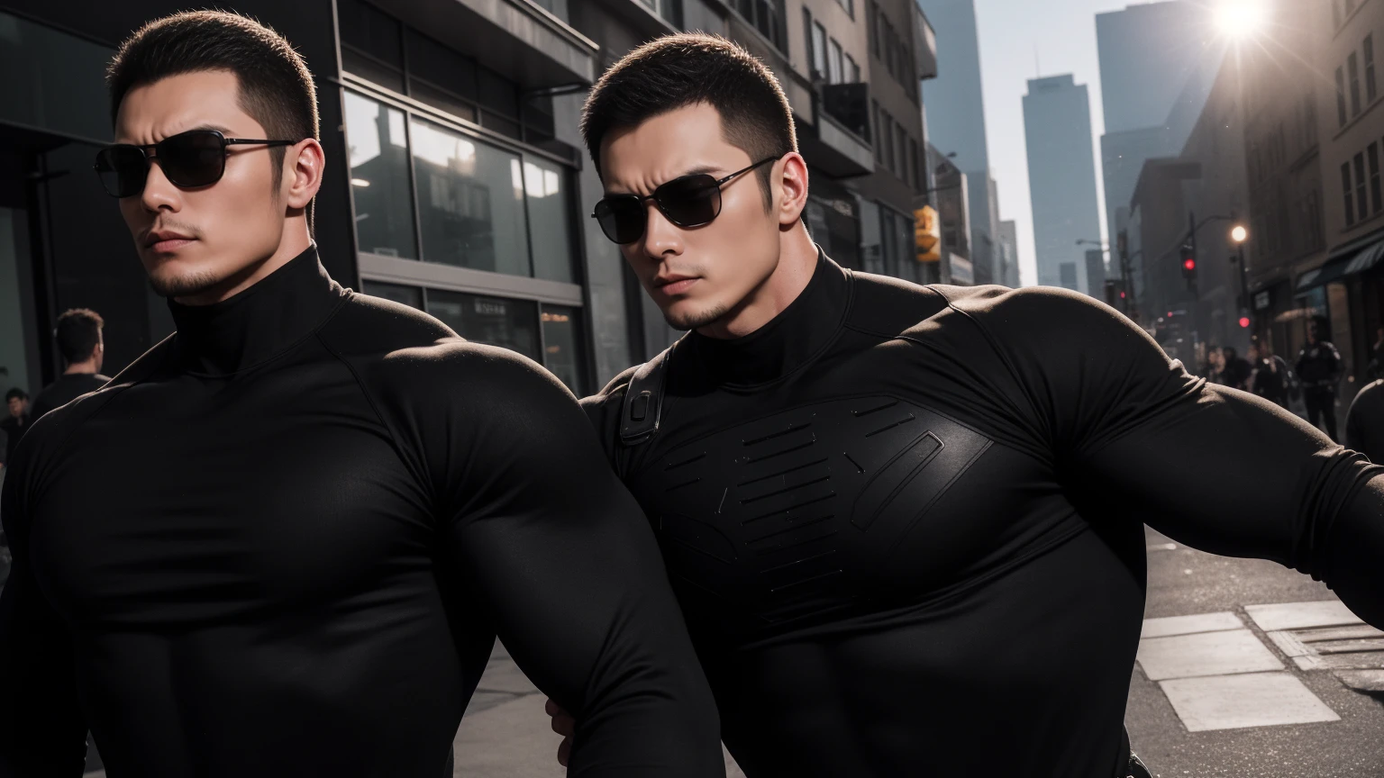 Super muscular man hugging, Sad eyes,Wear sunglasses,They embrace affectionately,short hair,On a vintage outdoor street under the hot sun, Wear long sleeves, Deep turtleneck bodysuit, Thickened warm elastic texture,The clothes are dirty,There are mud stains,Looks sad, Thick thighs, messy hair, Thick thighs, High target-necked long-sleeved dark yellow high-necked tights, very tight, Regular symmetrical pattern, High targetlight muscles, Police uniform pants, character concept(Resident Evil - chris redfield, chris redfield)A proud expression, Deep and charming eyes, Valiant male pose, tall Burly, muscular!muscular thighs, Tough Guy, Perfect facial features, High target, Burly, Heqiang, Super exquisite and cool, High target Resolution Committee, Attractive, The sun is blazing, Dazzling