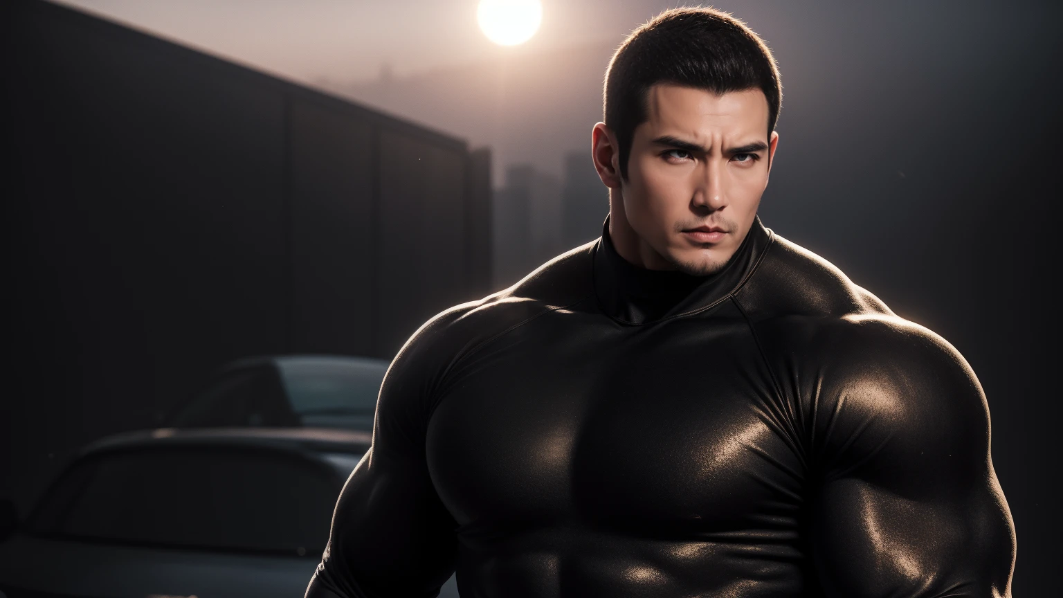 Super muscular man hugging, Sad eyes,Wear sunglasses,They embrace affectionately,short hair,On a vintage outdoor street under the hot sun, Wear long sleeves, Deep turtleneck bodysuit, Thickened warm elastic texture,The clothes are dirty,There are mud stains,Looks sad, Thick thighs, messy hair, Thick thighs, High target-necked long-sleeved dark yellow high-necked tights, very tight, Regular symmetrical pattern, High targetlight muscles, Police uniform pants, character concept(Resident Evil - chris redfield, chris redfield)A proud expression, Deep and charming eyes, Valiant male pose, tall Burly, muscular!muscular thighs, Tough Guy, Perfect facial features, High target, Burly, Heqiang, Super exquisite and cool, High target Resolution Committee, Attractive, The sun is blazing, Dazzling