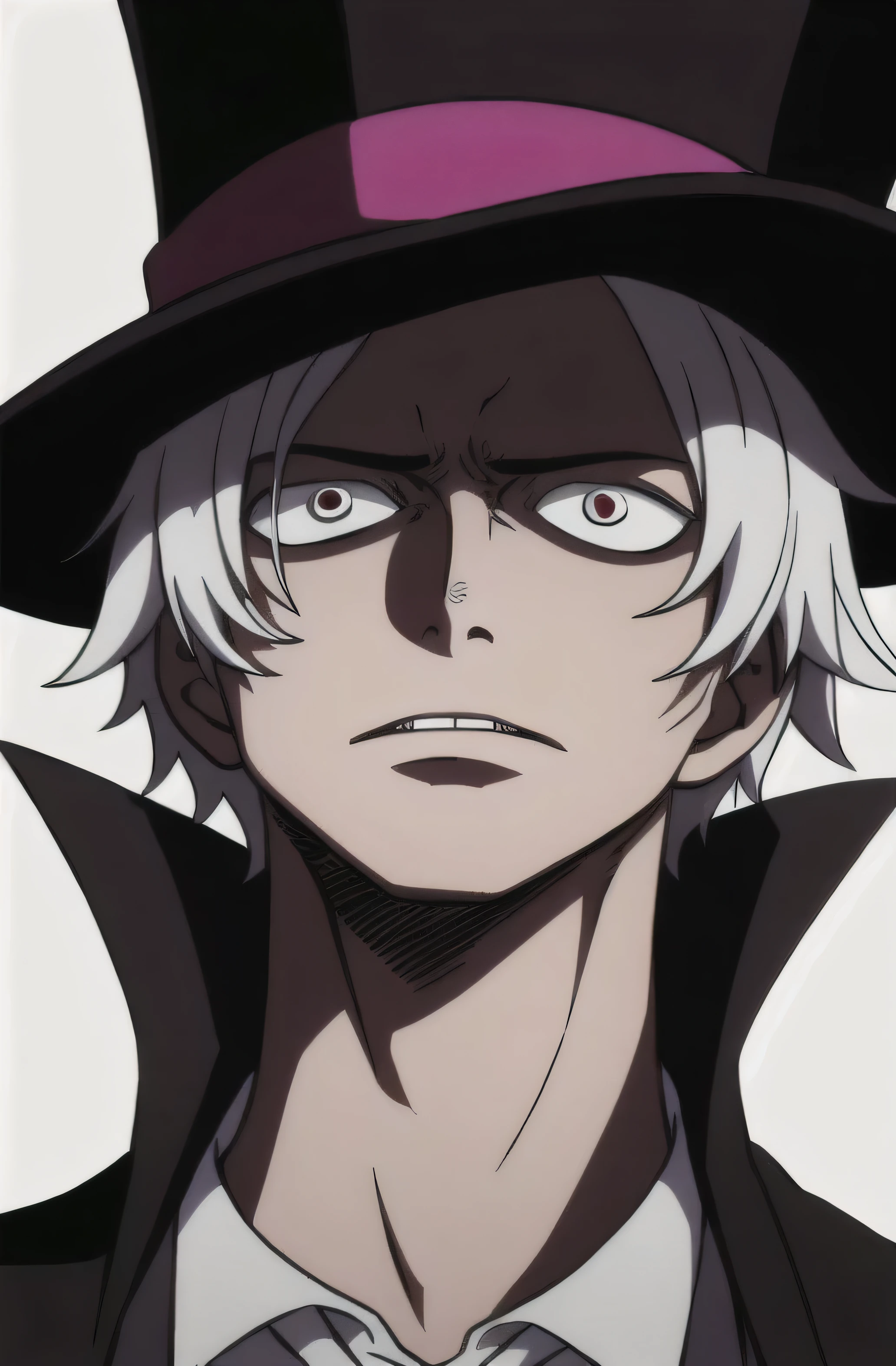 1boy, wanostyle, top hat, trench coat, funny face, crazy eyes, medium white hair, multiple scars on face, looking at viewer, solo, upper body, ((masterpiece)), (best quality), (extremely detailed), depth of field, sketch, dark intense shadows, sharp focus, soft lighting, hdr, colorful, good composition, spectacular, anime screencap, scar under eye, ready to fight, black eyes