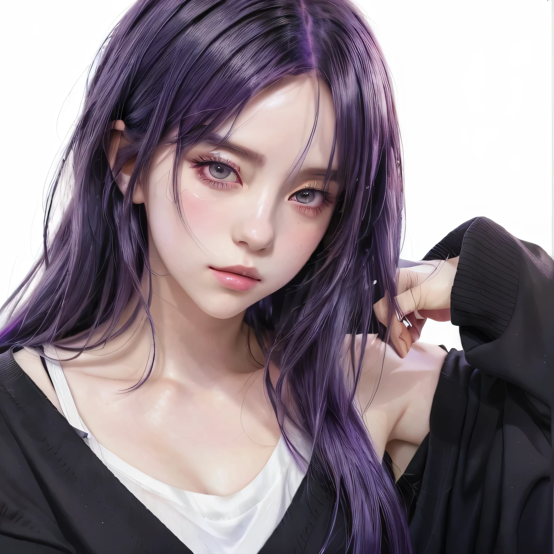 arafed asian woman with long purple hair and a black bra top, purple skin color, ulzzang, purple flowing hair, violet hair, violet long hair, violet color, purple hair, violet skin, hair coloring, smooth purple skin, purple long hair, purple color, pink violet light, flowing purple hair, purple head, purple aethetic