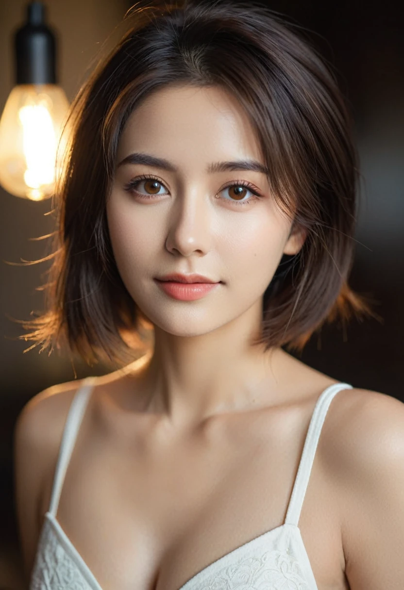Night, RAW Photography, (((Very Beautiful Portrait))), (Very Beautiful Portrait))), 1 Girl, Sexy 25 Year Old Girl,seductive, ((Natural Brown Hair with Short Cuts)), (Brown Eyes),Gentle Smile Staring at the Camera(cleavage), ((Masterpiece, Best Quality, Ultra Detail, Cinematic Lights, Intricate Detail, High Definition, 8k, Very Detailed)), Detail Background, 8k UHD, DSLR, soft lighting, high quality, film grain, fujifilm colour, shallow depth of field, natural light, perfect face