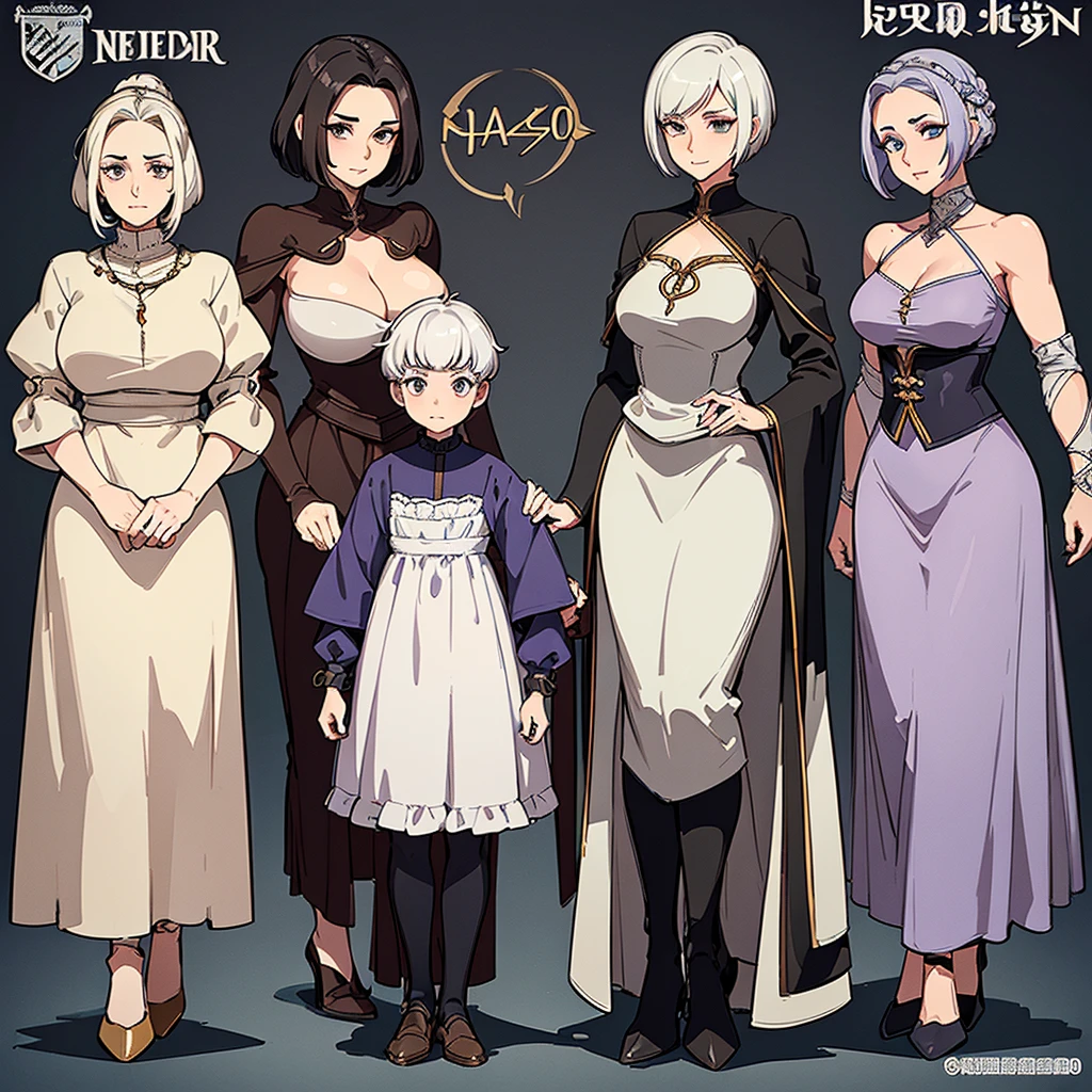((Full body character concept, Detailed character design))、Fantasy、Medieval Knight、(Hairstyle:Middle Reason、Very Short Hair)、(Thin eyebrows)、(((Mature Woman、elder、80 year old grandmother)))、(Facial wrinkles、Age Line)、(Farmer's clothes)、(Profile from the side)