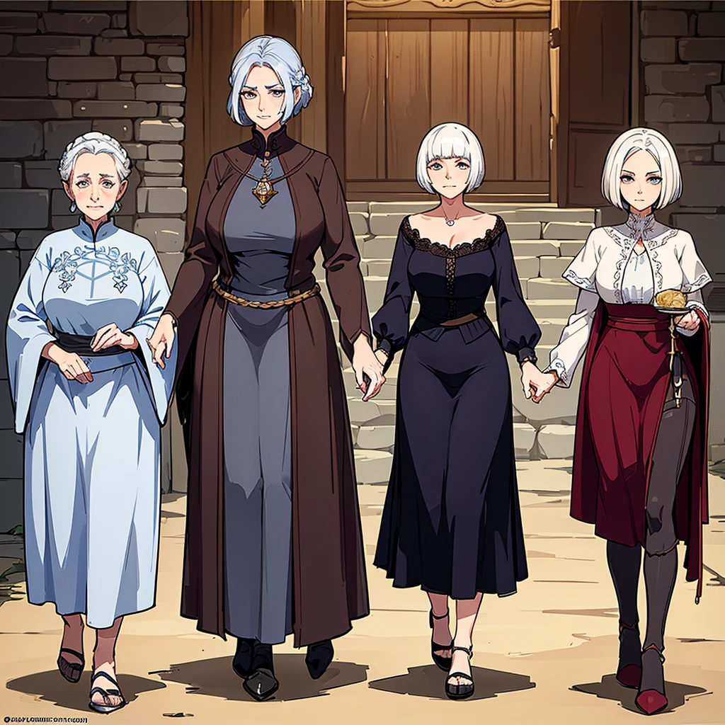 ((Full body character concept, Detailed character design))、Fantasy、Medieval Knight、(Hairstyle:Middle Reason、Very Short Hair)、(Thin eyebrows)、(((Mature Woman、elder、80 year old grandmother)))、(Facial wrinkles、Age Line)、(Farmer's clothes)、(Profile from the side)