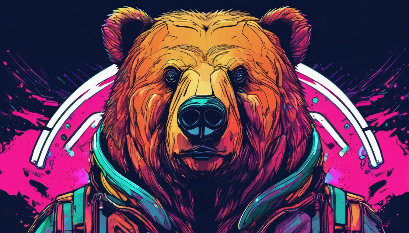a portrait of Cyberpunk bear with colored fluid, T-shirt logo in tapered thin outline style, artwork (empty background)