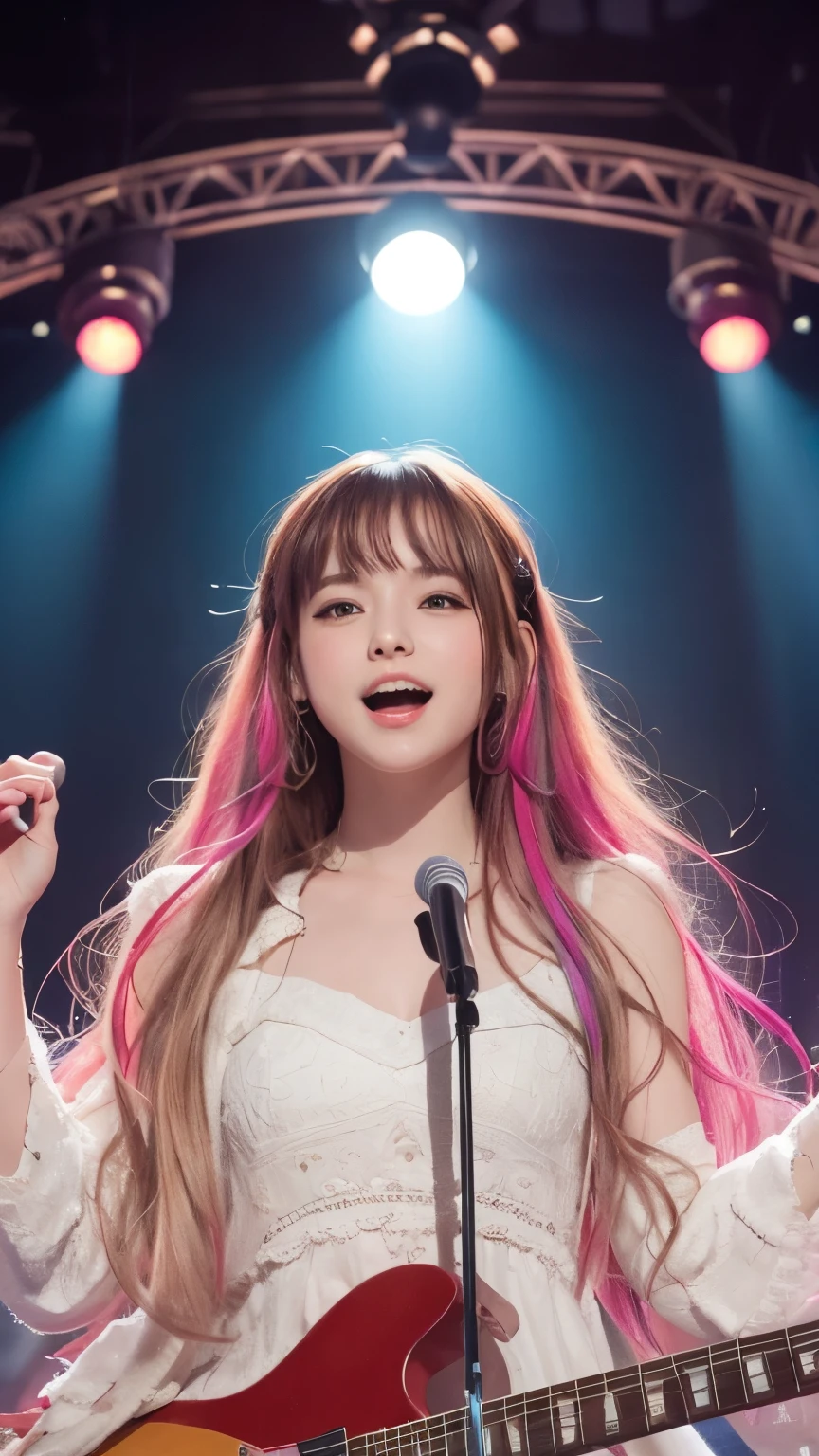 Girl in a dream.I have long colorful hair.Wearing white clothes.It's a rock band.I'm singing a song.Notes flying around.It is an illustration of the highest quality.It is a beautiful illustration.Very colorful.
