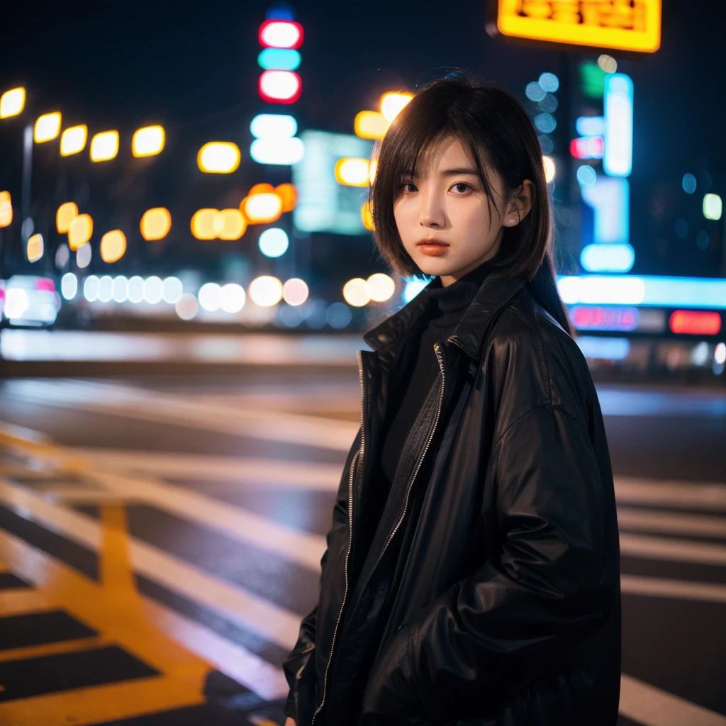 (Cinematic Aesthetic:1.4) Photo of a beautiful korean fashion model bokeh city night
