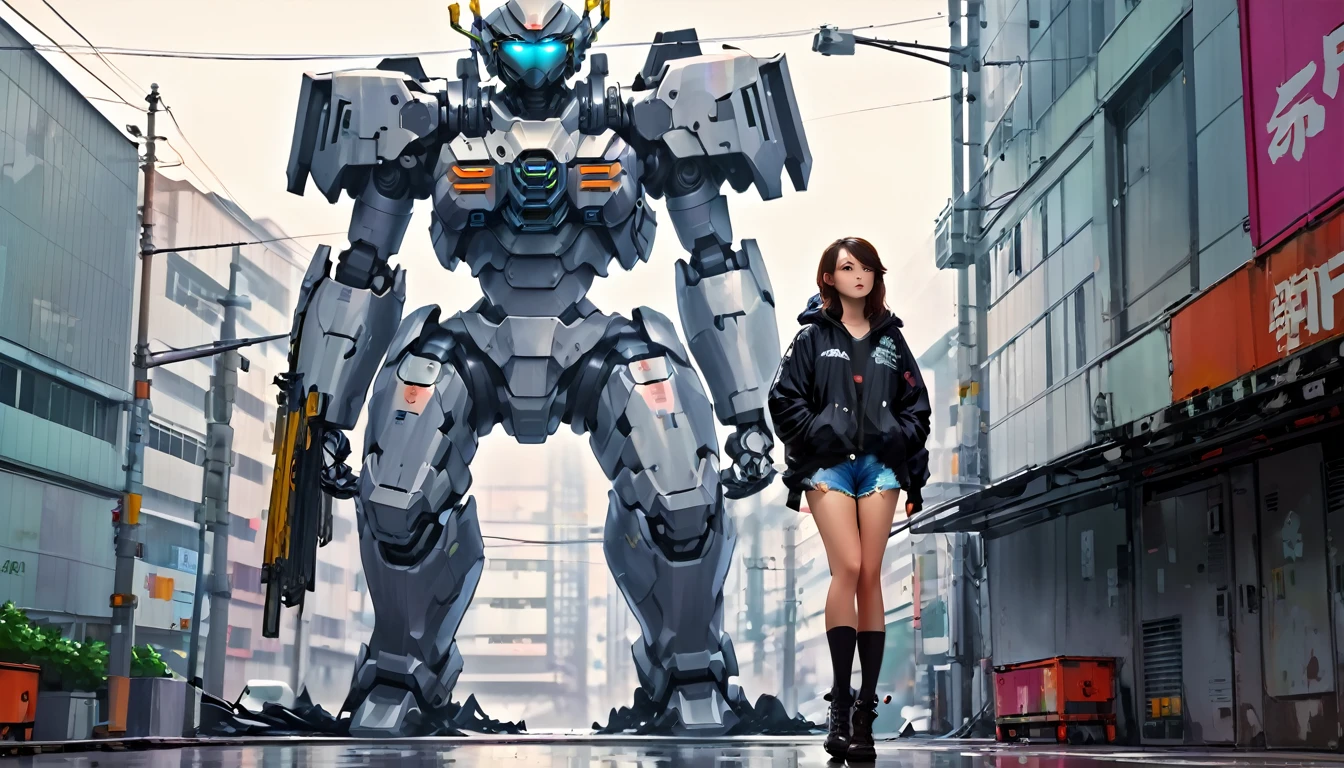 Anime girl in shorts and jacket standing next to a giant robot, artwork in the style of Gwaiz, Cyberpunk Anime Girl Mecha, Trending on cgstation, Gwaiz, By Russell Dongjun Lu, Digital Cyberpunk Anime Art, Lostrun 8k, Gwaiz on artstation pixiv, Girl wearing mecha cyber armor