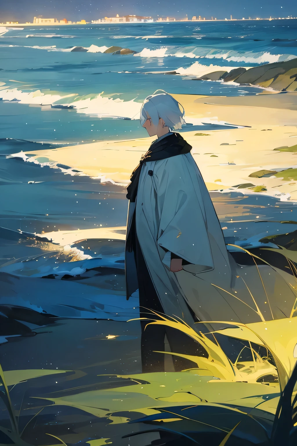 The night, the stars, the man, the sea, the white hair, the surroundings, the sea grass.