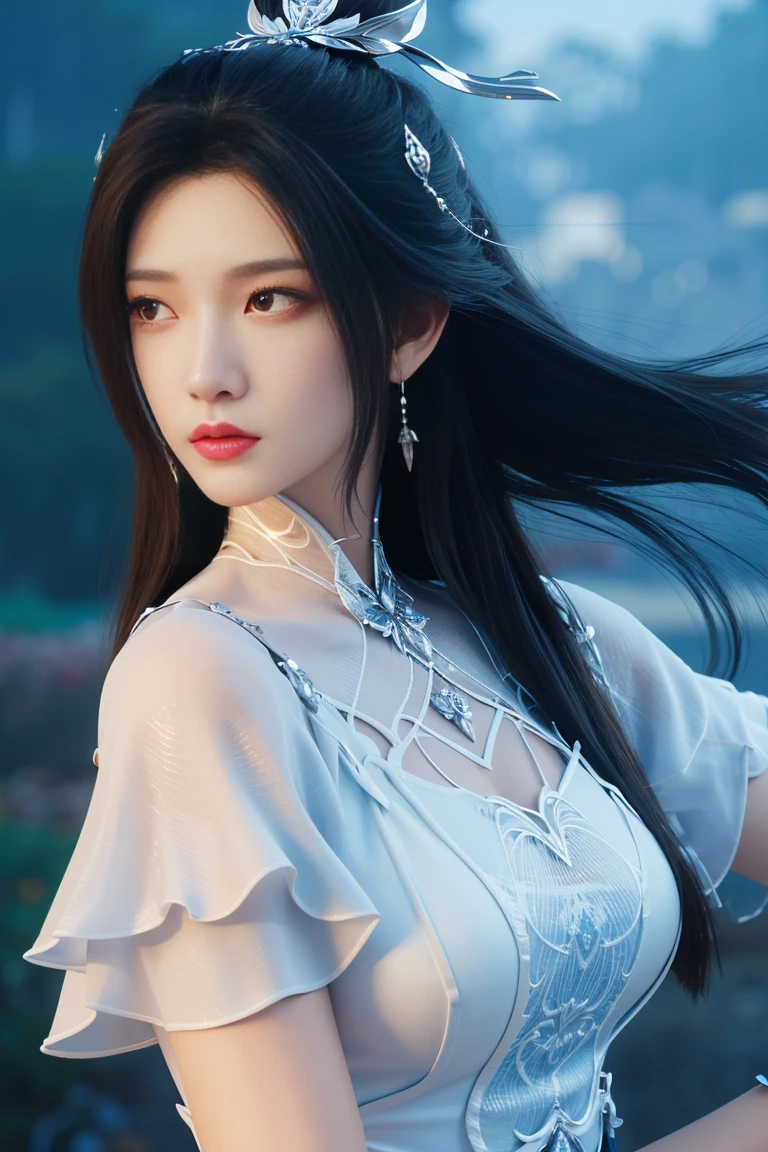 best quality, tmasterpiece,Ultra-high resolution,Clear face,(Reality:1.4),ferpect lighting,(upper body photo), (photorealistic:1.50), anime wallpaper, Guviz style artwork , cover-up fantasy to magic, by Yang J, Guviz, beautiful artwork illustration, beautiful digital artwork, beautiful digital illustration, Li Song, beautiful anime portrait, art style at Beauvot, 1girl,solo, long hair, black hair, hair ornament, Chinese dress,