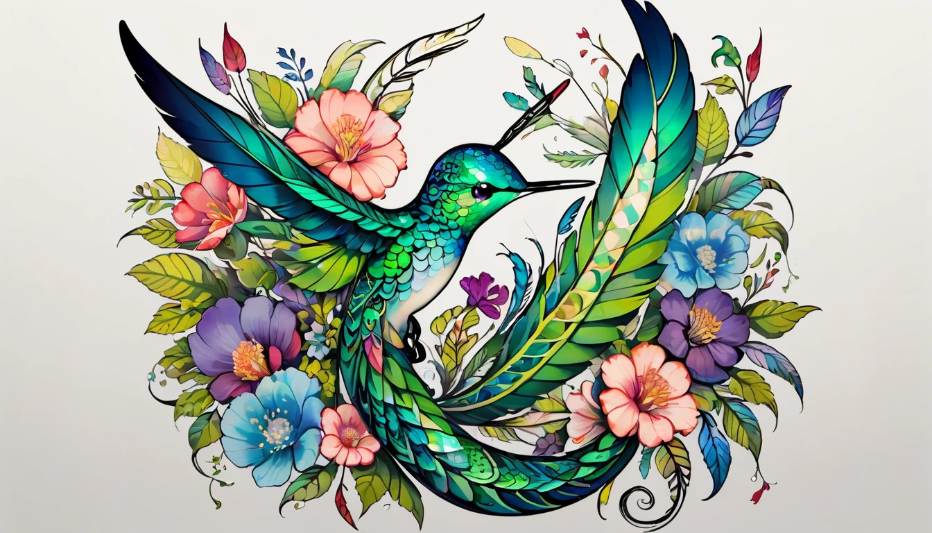 In this tattoo design, Creating a surreal creature that combines the characteristics of a hummingbird, Snake, andサボテン, It features intricate details such as iridescent feathers., Bright green scales and spines, and、Delicate flowers bloom from the creature&#39;s spiny body., Against a dark and gloomy background with sunset hues, Create captivating and unforgettable images.  