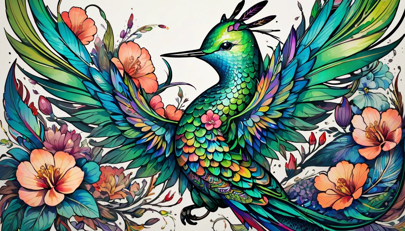 In this tattoo design, Creating a surreal creature that combines the characteristics of a hummingbird, Snake, andサボテン, It features intricate details such as iridescent feathers., Bright green scales and spines, and、Delicate flowers bloom from the creature&#39;s spiny body., Against a dark and gloomy background with sunset hues, Create captivating and unforgettable images.  