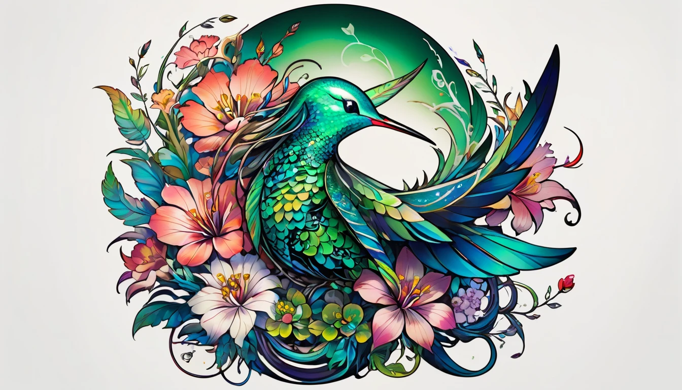 In this tattoo design, Creating a surreal creature that combines the characteristics of a hummingbird, Snake, andサボテン, It features intricate details such as iridescent feathers., Bright green scales and spines, and、Delicate flowers bloom from the creature&#39;s spiny body., Against a dark and gloomy background with sunset hues, Create captivating and unforgettable images.  