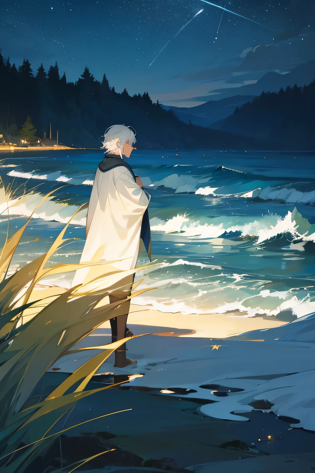 The night, the stars, the man, the sea, the white hair, the surroundings, the sea grass.