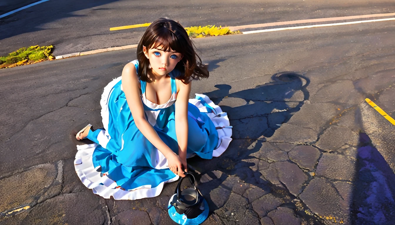 performer, standard, freckled face, Auto White Balance, interesting light and shadow, Ultra-detailed, meditation, Clamp, High-quality photos, witch, (Realistic:1.4), blue eyes, ((masterpiece)), Apron dress, Adversary, road, rock, Highly detailed eyes, overhaul,