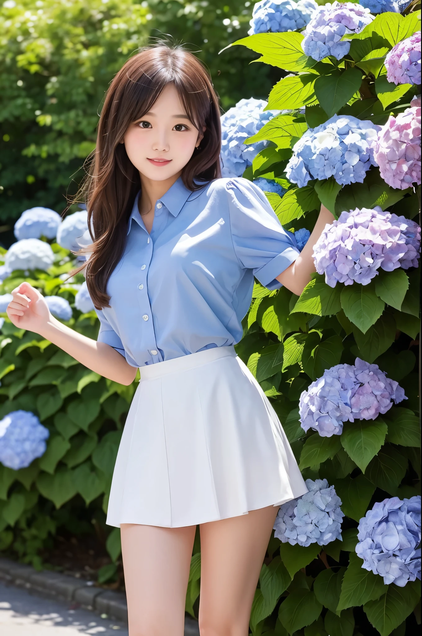 A cute 20-year-old girl in a park with hydrangeas in bloom(mini skirt)