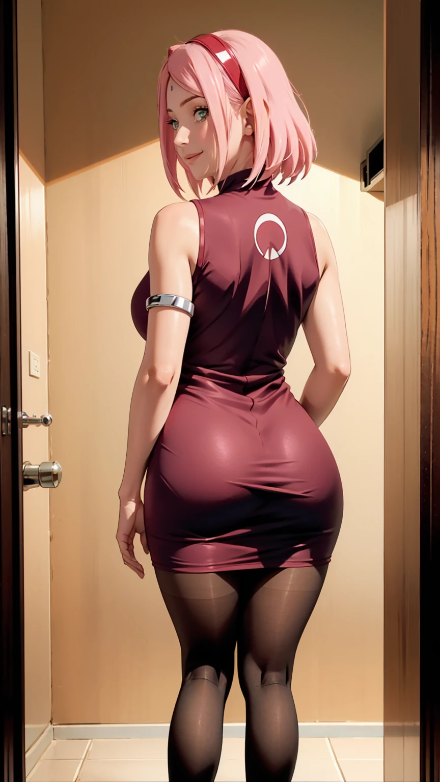 ((sexy sweater dress))((big ass))((off shoulder tight dress))(((Suit))), Masterpiece, The best quality at the best, 1girll, Sakura Haruno, BIG BREASTS,Off the shoulder clothing,transparent miniskirt ,(neckline),(Closeup of upper body),Sexy servant,is shy,smile,with pink hair, Long whitish hair, There is a woman with pink hair and stockings posing in a bathroom, Lower angle, illuminated from behind, on knees, thighs and skirt, on knees, peeping from behind, thighs close up, curvy accentuated booty, Hyperrealistic in short dress , tucked knees, bend, hugging his knees, illuminated from below, View from behind in microtanga,in doll WITH THE THONG ON THE SIDE LETTING HER PUSSY BE SEEN