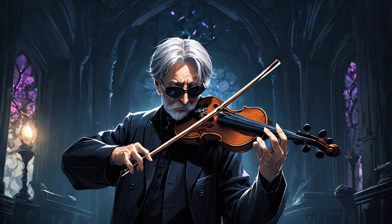 Image of a man in his 50s playing the violin in a dark room, Fantasy Violin, Kerem Couplet, Art for Dark Metal Music, Dark but detailed digital art, 8 0's style tomasz alen kopera, (Fantasy Violin), Tomasz Alen Kopela and CGsociety, Dramatic works of art, Stephen Gesell, Slavomir Maniac